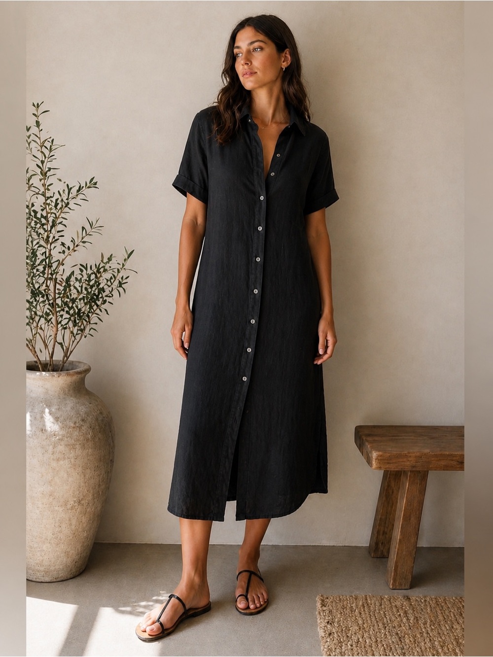 James Perse 100% Linen Shirt Dress Size 4 Black Button Front Minimalist